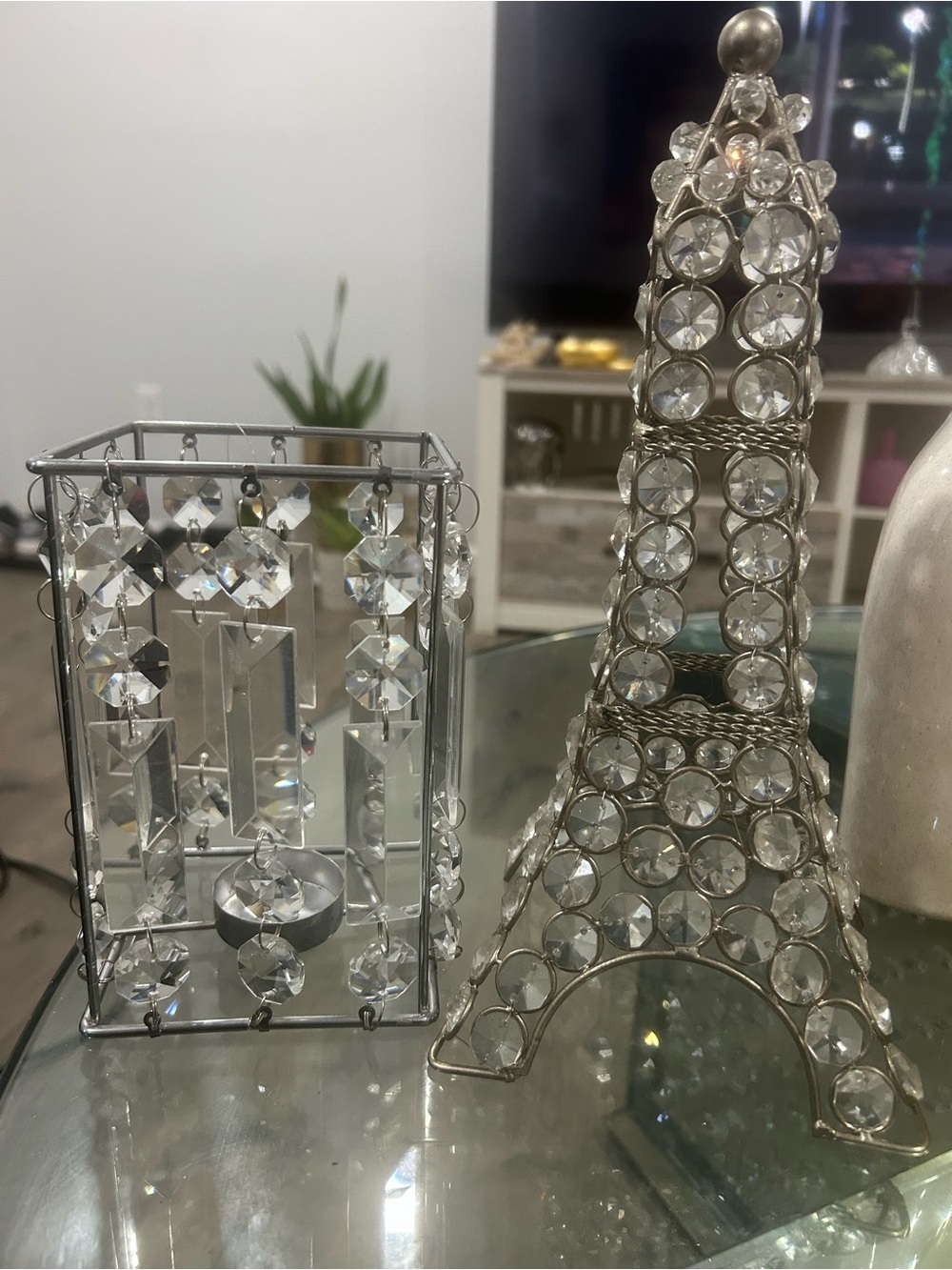 Crystal Accent Eiffel Tower and Candle Holder Set - Silver
